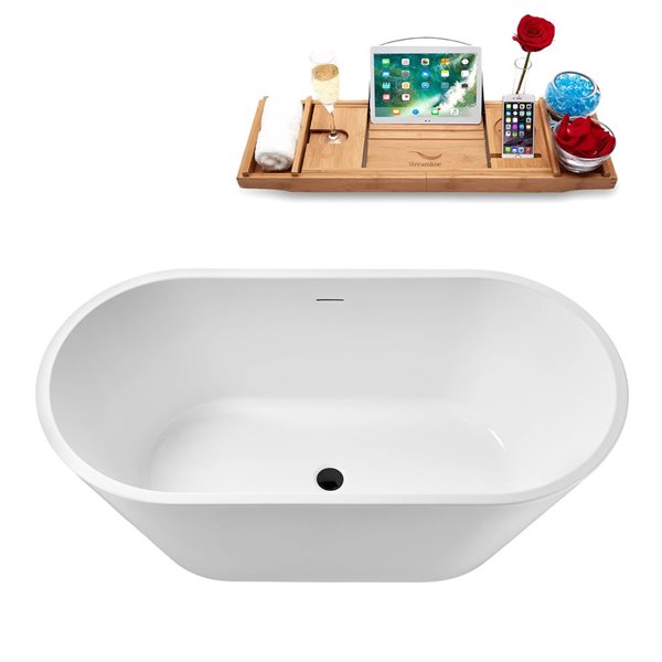 Streamline 55 L x 27.6-in W Glossy White Acrylic Round Freestanding Bathtub w/ Matte Black Centre Drain and Tray