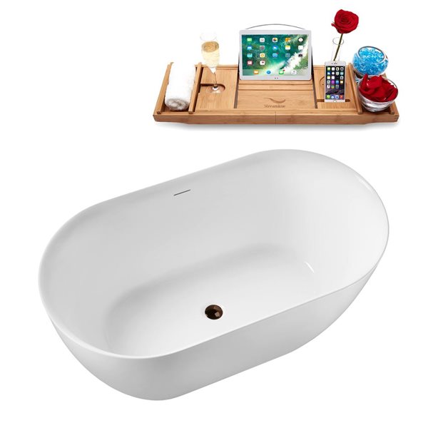 Streamline 51 L x 27.6-in W White Acrylic Round Freestanding Bathtub w/ Bronze Centre Drain and Tray