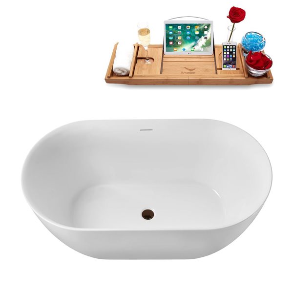 Streamline 51 L x 27.6-in W White Acrylic Round Freestanding Bathtub w/ Bronze Centre Drain and Tray