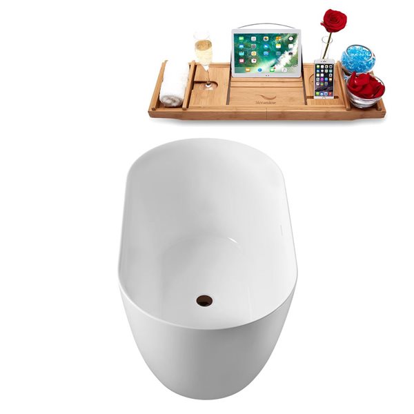 Streamline 51 L x 27.6-in W White Acrylic Round Freestanding Bathtub w/ Bronze Centre Drain and Tray