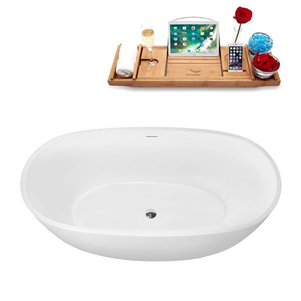 Streamline 60 L x 30-in W Glossy White Acrylic Round Freestanding Bathtub w/ Polished Chrome Centre Drain and Tray