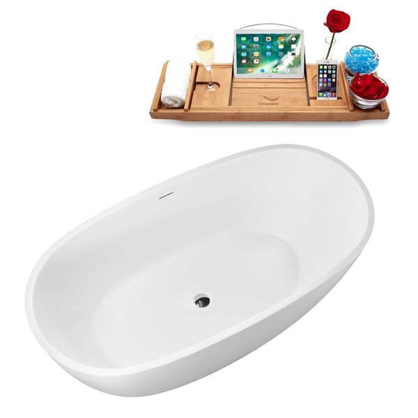 Streamline 60 L x 30-in W Glossy White Acrylic Round Freestanding Bathtub w/ Polished Chrome Centre Drain and Tray