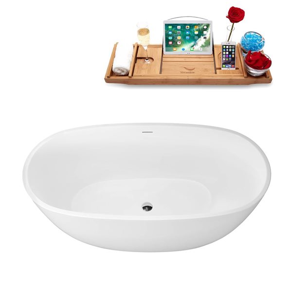 Streamline 60 L x 30-in W Glossy White Acrylic Round Freestanding Bathtub w/ Polished Chrome Centre Drain and Tray