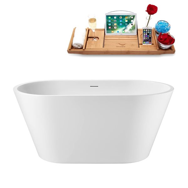 Streamline 51 L x 27.6-in W Glossy White Acrylic Round Freestanding Bathtub w/ Matte Black Centre Drain and Tray