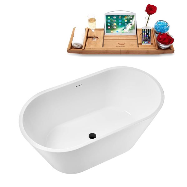 Streamline 51 L x 27.6-in W Glossy White Acrylic Round Freestanding Bathtub w/ Matte Black Centre Drain and Tray