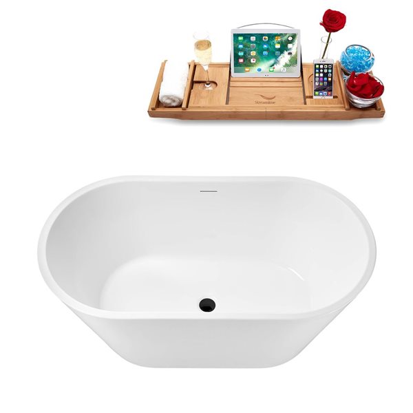 Streamline 51 L x 27.6-in W Glossy White Acrylic Round Freestanding Bathtub w/ Matte Black Centre Drain and Tray