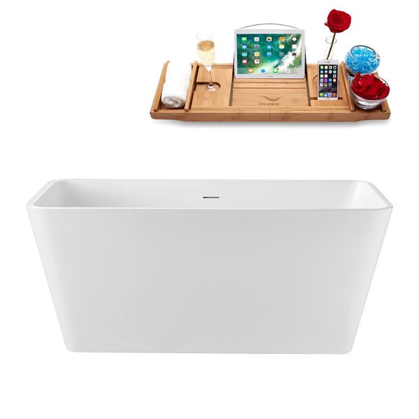 Streamline 55 L x 28-in W Glossy White Acrylic Rectangular Freestanding Bathtub w/ White Centre Drain and Tray