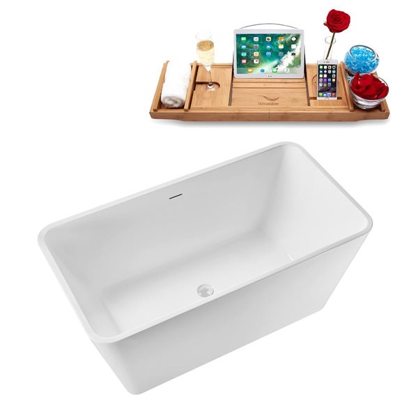 Streamline 55 L x 28-in W Glossy White Acrylic Rectangular Freestanding Bathtub w/ White Centre Drain and Tray