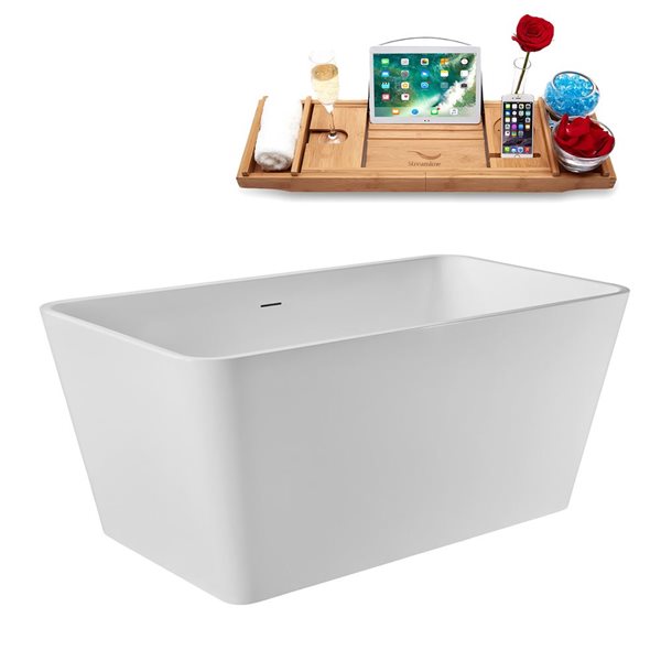 Streamline 55 L x 28-in W Glossy White Acrylic Rectangular Freestanding Bathtub w/ White Centre Drain and Tray