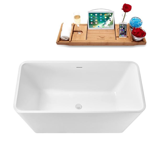 Streamline 55 L x 28-in W Glossy White Acrylic Rectangular Freestanding Bathtub w/ White Centre Drain and Tray