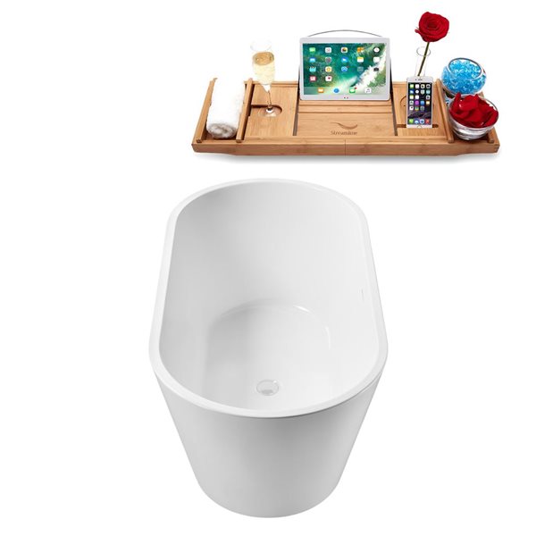 Streamline 55 L x 27.6-in W Glossy White Acrylic Round Freestanding Bathtub w/ White Centre Drain and Tray