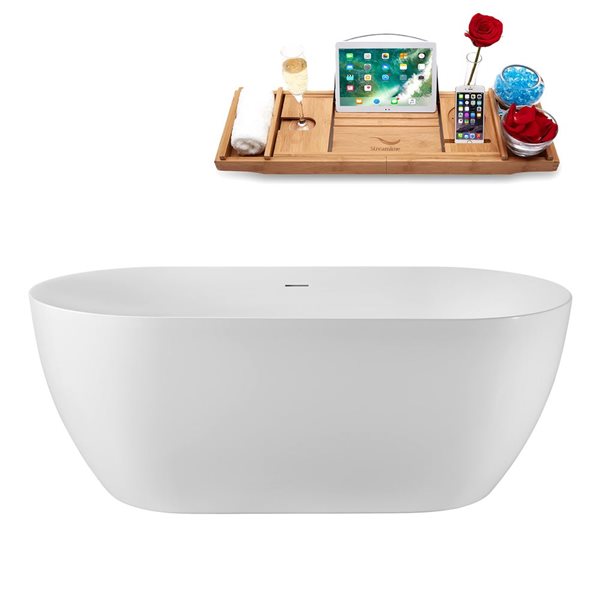 Streamline 59 L x 29.5-in W White Acrylic Round Freestanding Bathtub w/ Brushed Gold Centre Drain and Tray