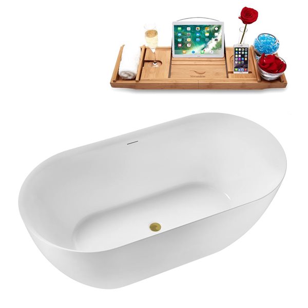Streamline 59 L x 29.5-in W White Acrylic Round Freestanding Bathtub w/ Brushed Gold Centre Drain and Tray