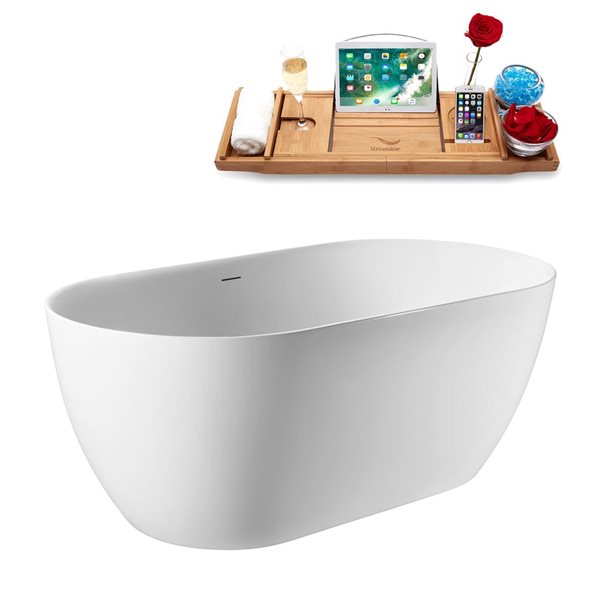 Streamline 59 L x 29.5-in W White Acrylic Round Freestanding Bathtub w/ Brushed Gold Centre Drain and Tray