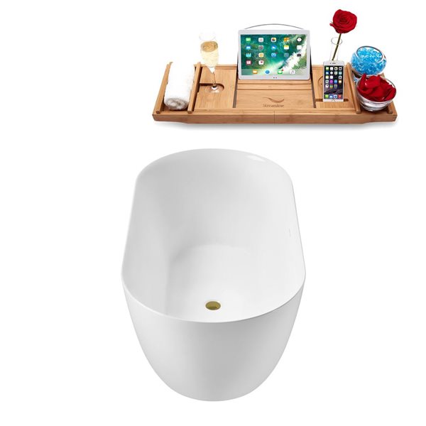 Streamline 59 L x 29.5-in W White Acrylic Round Freestanding Bathtub w/ Brushed Gold Centre Drain and Tray