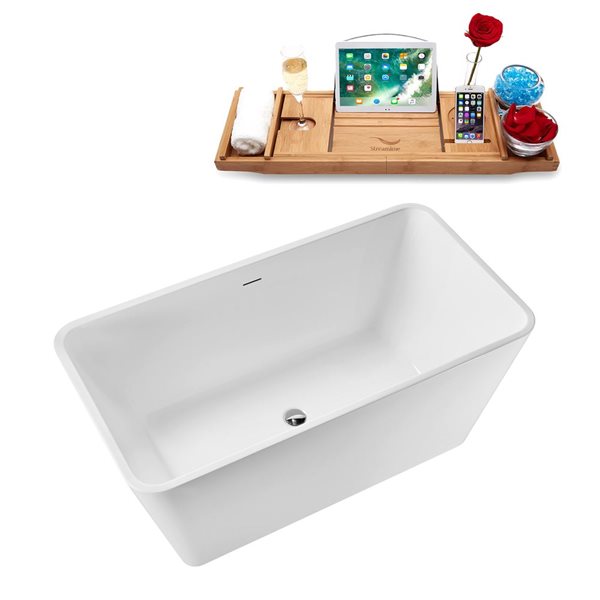 Streamline 55 L x 28-in W Glossy White Acrylic Rectangular Freestanding Bathtub w/ Polished Chrome Centre Drain and Tray