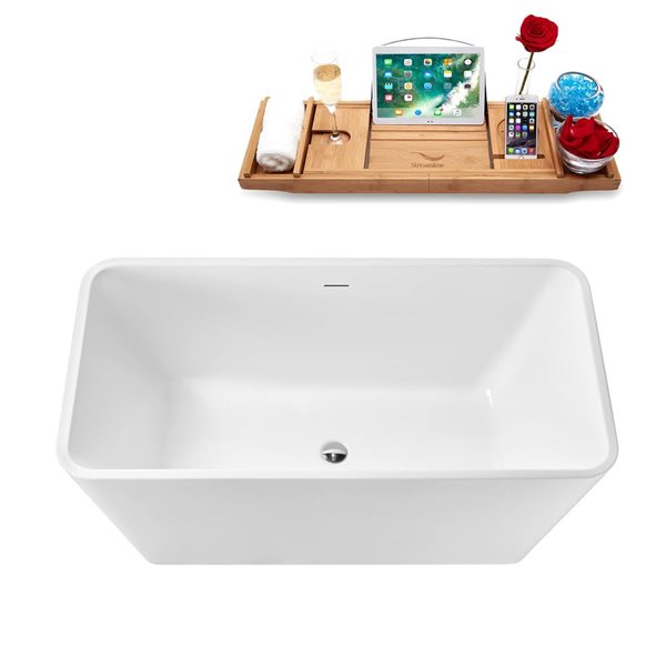 Streamline 55 L x 28-in W Glossy White Acrylic Rectangular Freestanding Bathtub w/ Polished Chrome Centre Drain and Tray
