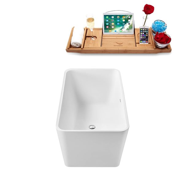 Streamline 55 L x 28-in W Glossy White Acrylic Rectangular Freestanding Bathtub w/ Polished Chrome Centre Drain and Tray