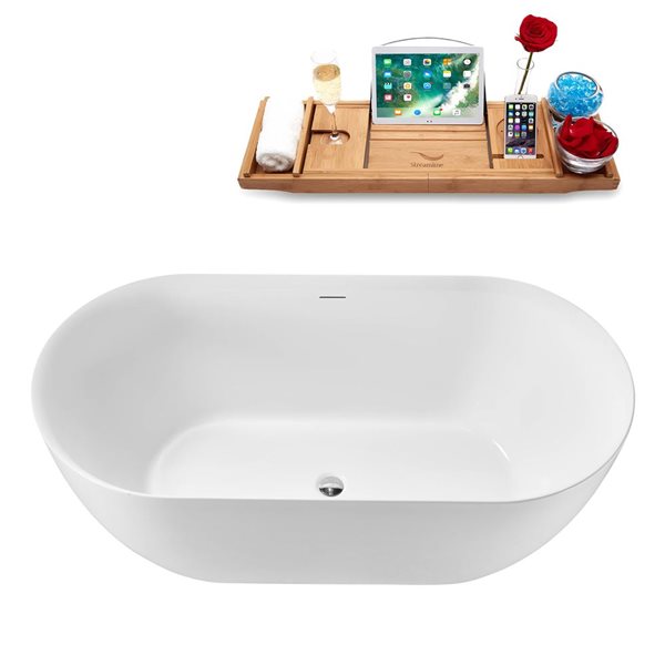 Streamline 59 L x 29.5-in W White Acrylic Round Freestanding Bathtub w/ Polished Chrome Centre Drain and Tray