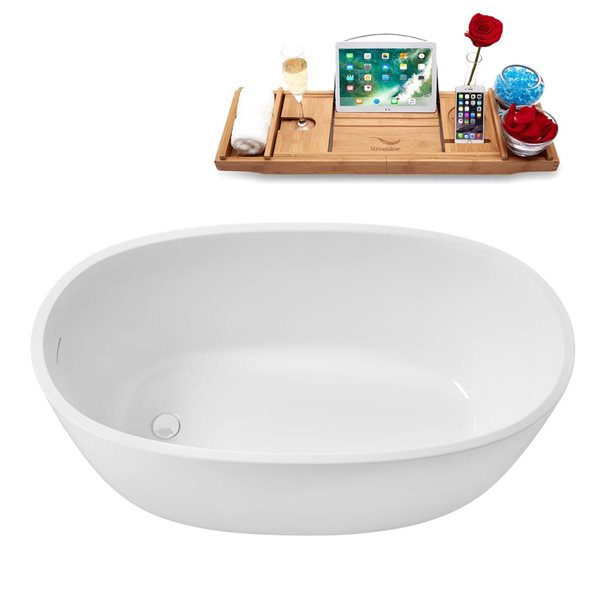 Streamline 51-in Glossy White Freestanding Reversible Bath and Tray w/ White Pop-Up Drain - 50-gal.