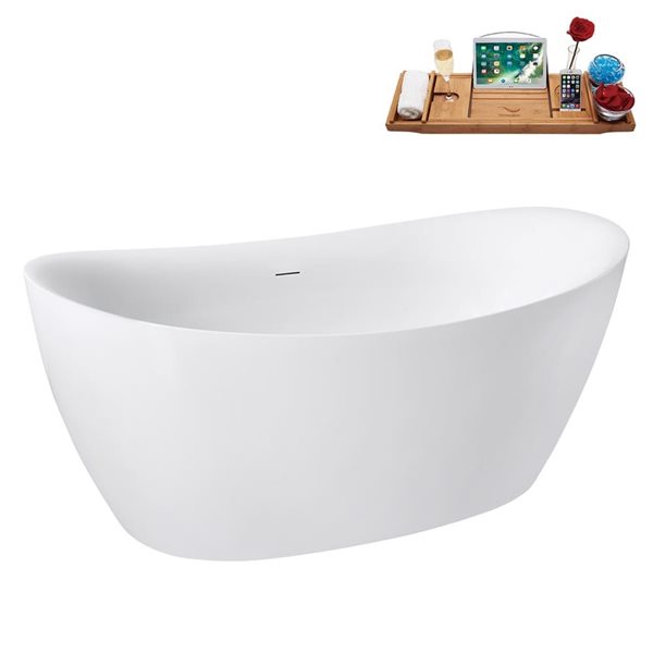 Streamline 63-in Glossy White Freestanding Bath and Tray w/ Matte Oil-Rubbed Bronze Centre Pop-Up Drain - 53-gal.