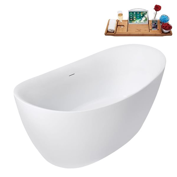 Streamline 63-in Glossy White Freestanding Bath and Tray w/ Matte Oil-Rubbed Bronze Centre Pop-Up Drain - 53-gal.