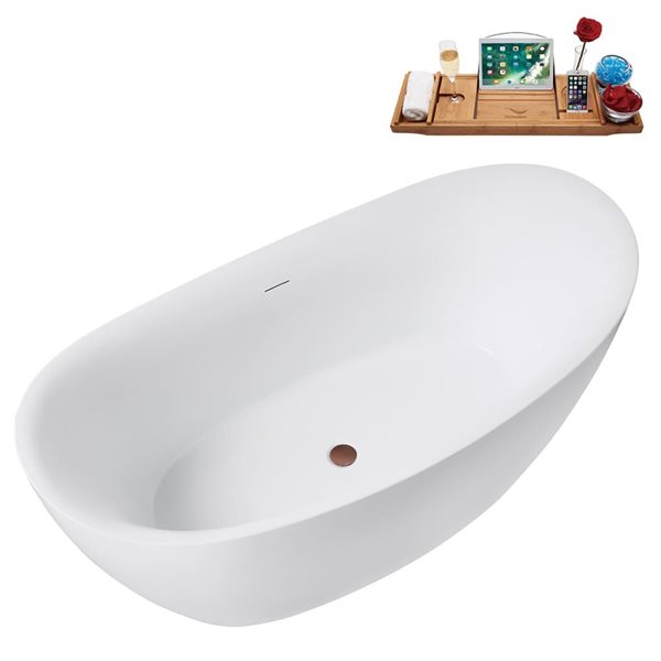 Streamline 63-in Glossy White Freestanding Bath and Tray w/ Matte Oil-Rubbed Bronze Centre Pop-Up Drain - 53-gal.