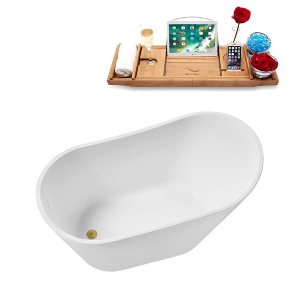 Streamline 51-in Glossy White Freestanding Reversible Bath and Tray w/ Brushed Gold Pop-Up Drain - 60-gal.
