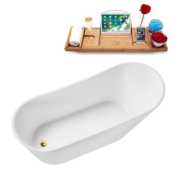 Streamline 67-in Glossy White Freestanding Reversible Bath and Tray w/ Polished Gold Pop-Up Drain - 82-gal.