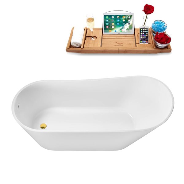 Streamline 67-in Glossy White Freestanding Reversible Bath and Tray w/ Polished Gold Pop-Up Drain - 82-gal.