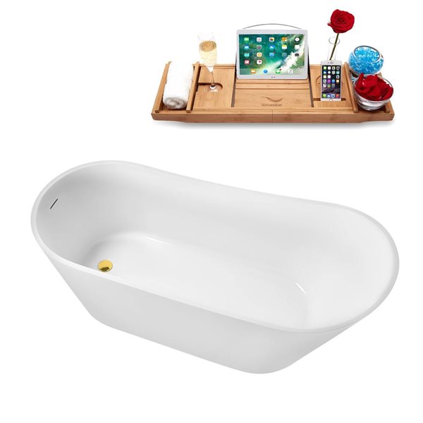 Streamline 67-in Glossy White Freestanding Reversible Bath and Tray w/ Polished Gold Pop-Up Drain - 82-gal.