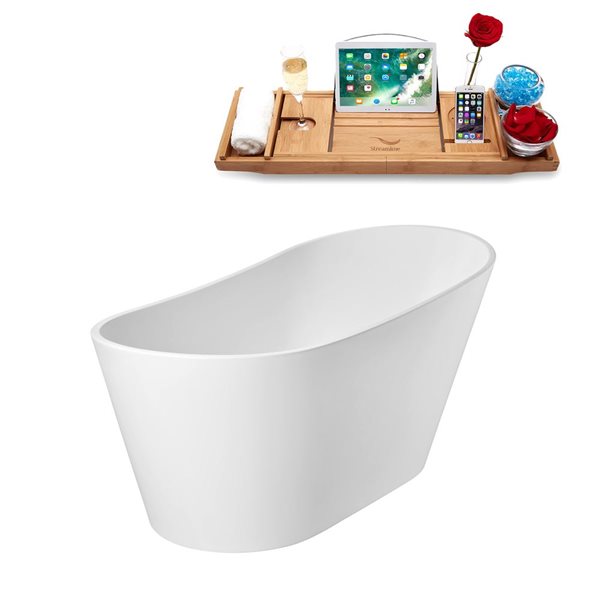 Streamline 59-in Glossy White Freestanding Reversible Bath and Tray w/ Polished Gold Pop-Up Drain - 66-gal.