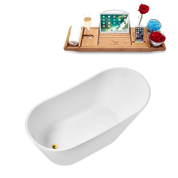 Streamline 59-in Glossy White Freestanding Reversible Bath and Tray w/ Polished Gold Pop-Up Drain - 66-gal.