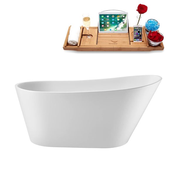 Streamline 59-in Glossy White Freestanding Reversible Bath and Tray w/ Matte Black Pop-Up Drain - 66-gal.
