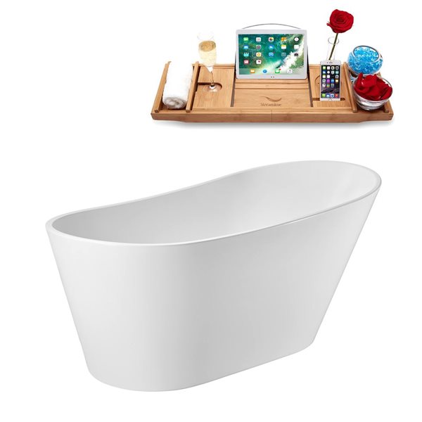 Streamline 59-in Glossy White Freestanding Reversible Bath and Tray w/ Matte Black Pop-Up Drain - 66-gal.