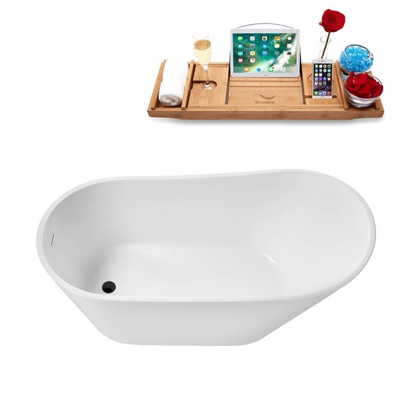 Streamline 59-in Glossy White Freestanding Reversible Bath and Tray w/ Matte Black Pop-Up Drain - 66-gal.