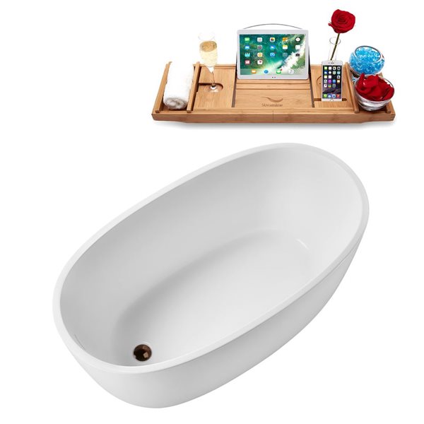 Streamline 51-in Glossy White Freestanding Reversible Bath and Tray w/ Matte Oil-Rubbed Bronze Pop-Up Drain - 50-gal.