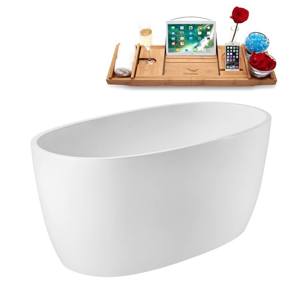 Streamline 51-in Glossy White Freestanding Reversible Bath and Tray w/ Matte Oil-Rubbed Bronze Pop-Up Drain - 50-gal.