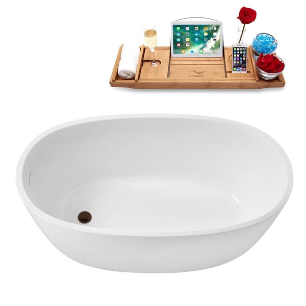 Streamline 51-in Glossy White Freestanding Reversible Bath and Tray w/ Matte Oil-Rubbed Bronze Pop-Up Drain - 50-gal.