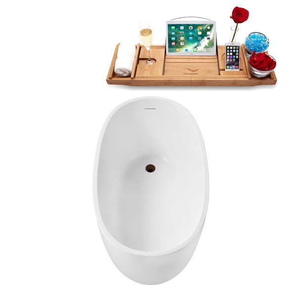 Streamline 51-in Glossy White Freestanding Reversible Bath and Tray w/ Matte Oil-Rubbed Bronze Pop-Up Drain - 50-gal.