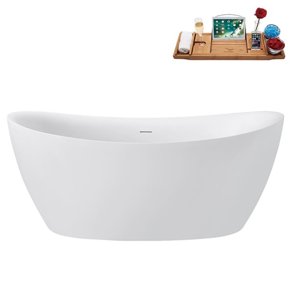 Streamline 63-in Glossy White Freestanding Bath and Tray w/ Brushed GunMetal Centre Pop-Up Drain - 53-gal.