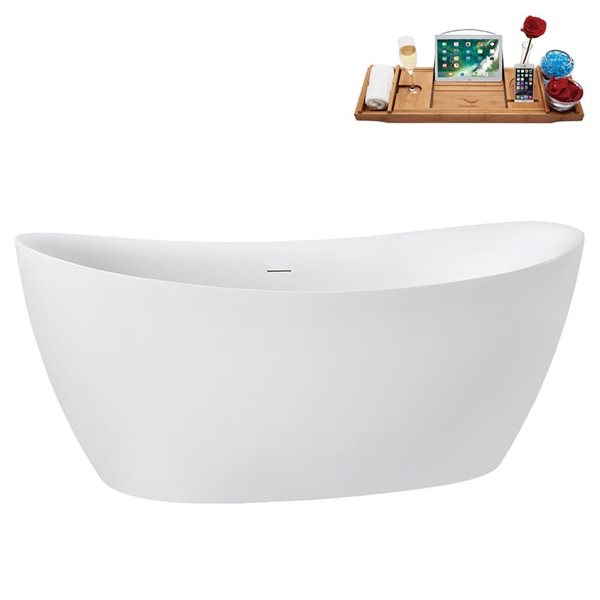 Streamline 63-in Glossy White Freestanding Bath and Tray w/ Brushed GunMetal Centre Pop-Up Drain - 53-gal.
