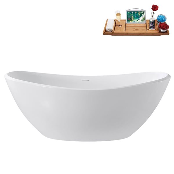 Streamline 75-in Glossy White Freestanding Bath and Tray w/ Brushed Gold Centre Pop-Up Drain - 82-gal.