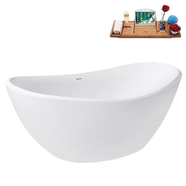 Streamline 75-in Glossy White Freestanding Bath and Tray w/ Brushed Gold Centre Pop-Up Drain - 82-gal.