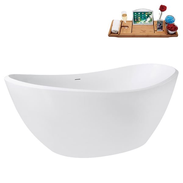 Streamline 75-in Glossy White Freestanding Bath and Tray w/ Brushed Gold Centre Pop-Up Drain - 82-gal.