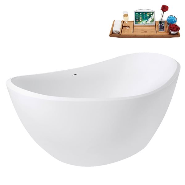 Streamline 75-in Glossy White Freestanding Bath and Tray w/ Brushed Gold Centre Pop-Up Drain - 82-gal.