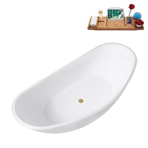 Streamline 75-in Glossy White Freestanding Bath and Tray w/ Brushed Gold Centre Pop-Up Drain - 82-gal.