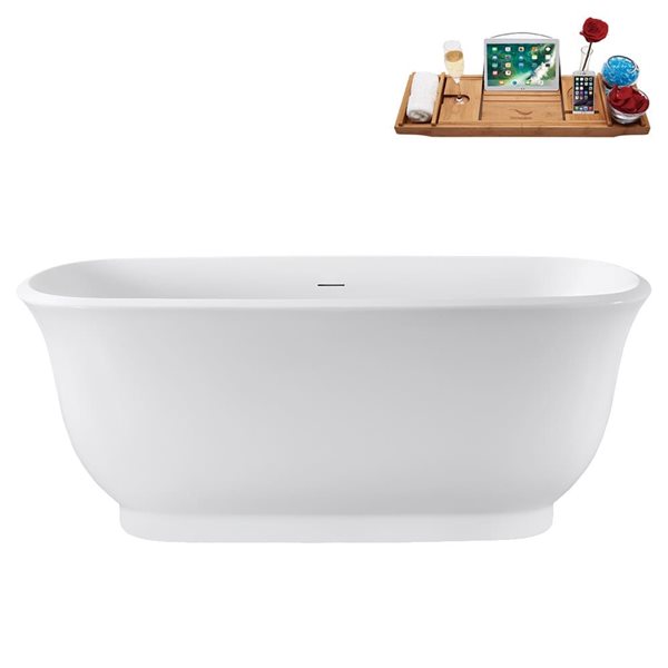 Streamline 59-in Glossy White Freestanding Bath and Tray w/ Matte Oil-Rubbed Bronze Centre Pop-Up Drain - 58-gal.