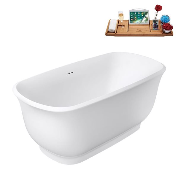 Streamline 59-in Glossy White Freestanding Bath and Tray w/ Matte Oil-Rubbed Bronze Centre Pop-Up Drain - 58-gal.