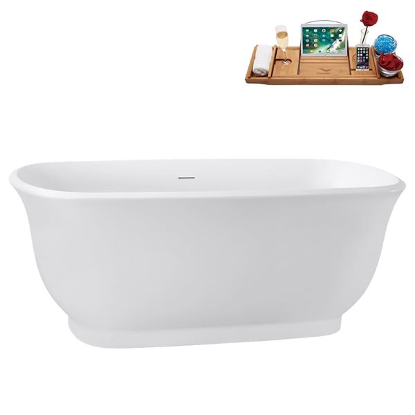 Streamline 59-in Glossy White Freestanding Bath and Tray w/ Matte Oil-Rubbed Bronze Centre Pop-Up Drain - 58-gal.